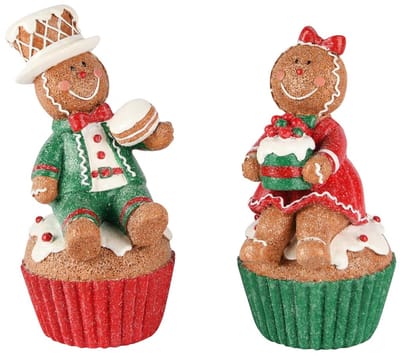 Dekoratief | Cookie op cupcake, groen/rood/wit, resina, 8x9x16cm, set van 2 stuks | A255046