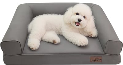 Hondenbed met armleuning - Orthopedisch hondenbed van krasvast kunstleer - 8 cm schuimrubber, antislip huisdierensofa voor kleine en middelgrote honden - Wasbare hoes - Grijs - 78 x 58 cm