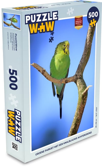 Puzzel Groene parkiet met een knalblauwe achtergrond - Legpuzzel - Puzzel 500 stukjes