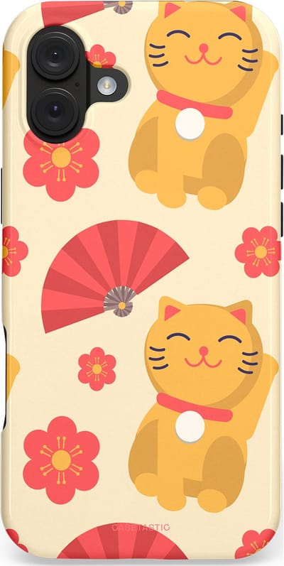Casetastic hoesje geschikt voor Apple iPhone 16 Plus - MagSafe - Dubbellaagse bescherming - Japanse Poezenvreugde - Lucky Cats - Fashion Case - Crème Koraal Goud
