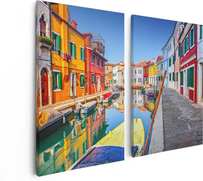 Artaza Canvas Schilderij Tweeluik Kleurrijke Huisjes aan het Water in Venetië - 80x60 - Foto Op Canvas - Canvas Print