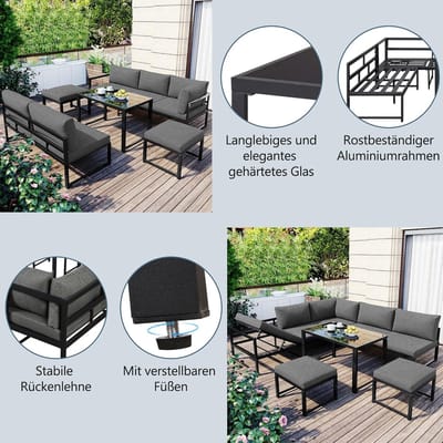Tuinmeubelset 5 Personen Aluminium Lounge Set met Verstelbare Rugleuning, Inclusief Kussens en Salontafel – Modern Grijs Buitenmeubilair voor Tuin, Balkon en Terras – 5-delige Loungeset Laura