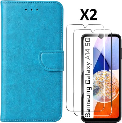 Hoesje Geschikt Voor Samsung Galaxy A14 5G /4G Hoesje met Pasjeshouder - bookcase Portemonnee – Met 2x Screenprotector / gehard glas – Blauw