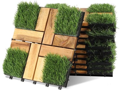 Fiqops Wooden Tiles 30 x 30 cm Acacia Wood Floor Tiles, Pack of 22, 2 m², Outdoor Terrace Floor, Click Tiles, Terrace, Mosaic for Garden, Patio, Balcony, Carpeting (Grass)