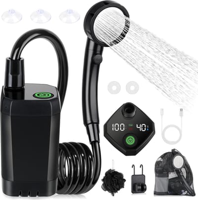 Draagbare kampeer douche - Duurzaam en langdurig - 6000mAh oplaadbare douche - Met slim LED-display - 4 waterstraalmodi - IPX7 waterdichte outdoor douchepomp - Camping Douche - Buitendouche - Tuindouche - Draagbare Douche - Mobiele Douche