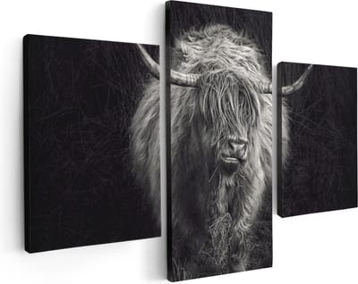 Artaza Canvas Schilderij Drieluik Schotse Hooglander Koe - Zwart Wit - 90x60 - Foto Op Canvas - Canvas Print