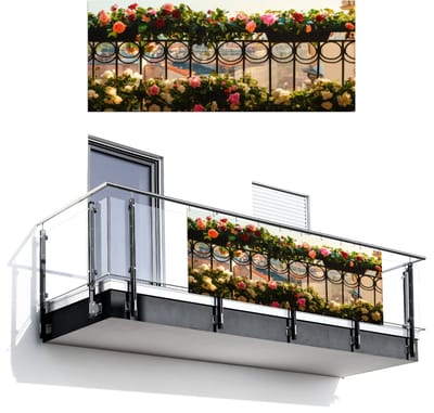 Balkonscherm 300x120 cm - Balkonposter Bloemen - Hek - Stadszicht - Zomer - Balkon scherm decoratie - Balkonschermen - Balkondoek zonnescherm