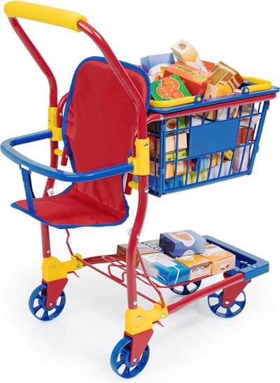 Speelgoedwinkelwagen voor Kinderen met Poppenzitje en Voedselsets - Kleurrijke Boodschappenwagen