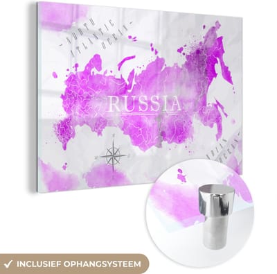 ® Glasschilderij 180x120 cm - Schilderij acrylglas - Wereldkaart - Roze - Rusland - Foto op glas - Muurdecoratie woonkamer - Wanddecoratie slaapkamer - Schilderijen