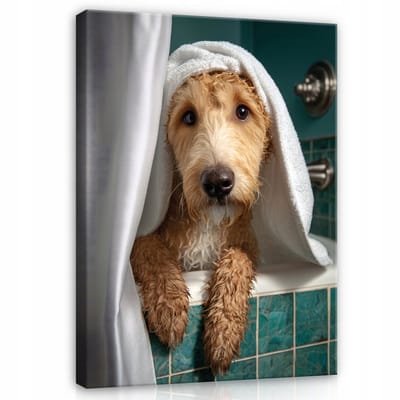 WALLARENA - Schilderij op canvas - 100x70 cm - grappige hond in bad - badkamer en toilet wanddecoratie