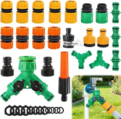 aansluitset, 36 stuks slangkoppeling 1/2 inch, 2-weg verdeler water met afsluitventiel, tuinslang aansluiting slangverbinder voor tuinslang waterkraan met draad