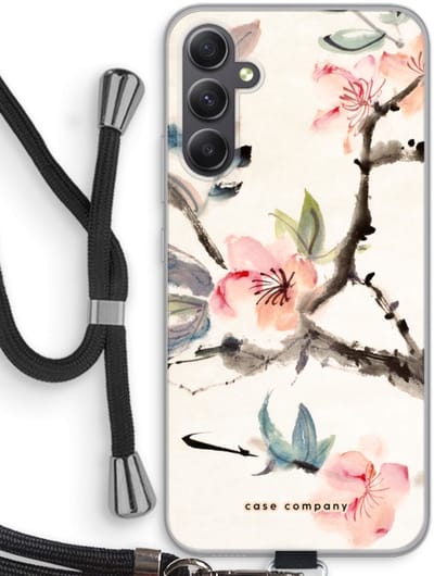 Case Company® - Hoesje met koord geschikt voor Samsung Galaxy A34 hoesje met Koord - Japanse bloemen - Telefoonhoesje met Zwart Koord - Bescherming aan alle Kanten en Over de Schermrand