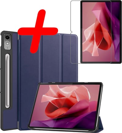 Hoesje Geschikt voor Lenovo Tab P12 - Met Screenprotector - Trifold Bookcase - Hard Cover Case - Met Uitsparing Geschikt voor Lenovo Pen - Hardcover Book - Tablet Hoes - Donkerblauw