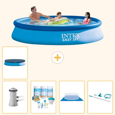 Intex Rond Opblaasbaar Easy Set Zwembad - 366 x 76 cm - Blauw - Inclusief Pomp - Onderhoudspakket - Grondzeil - Schoonmaakset - Afdekzeil - 6-delig