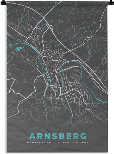 Wandkleed - Wanddoek - Arnsberg – Stadskaart – Blauw – Plattegrond – Stadskaart – Kaart - Duitsland - 120x180 cm - Wandtapijt