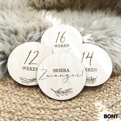 BONT | Mijlpaalcirkels Hout - Hoera Zwanger! - Lasergravure - Baby - Rond - Milestone kaarten - Babyshower of kraamcadeau - Newborn - Weken en maanden - Zwanger - Geboorte cirkels