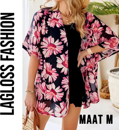 LaGloss® Dames Bloemenprint Mesh Blouse – Lichtgewicht Ademende Zomertop zonder Kraag – Roze & Zwarte Bloemen, Halfdoorschijnend en Elegant – Maat M