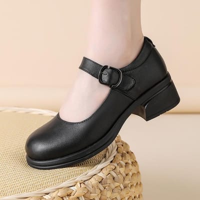 Nieuwe Lente Enkele Schoenen Zacht Leer Werkschoenen Lage Mond Moeder Schoenen Eénknops Middelhoge Hak Kleine Leren Schoenen Jurchen Leer 41