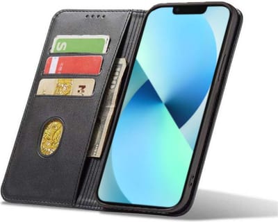 Smartphonica iPhone 13 kunstleren hoesje met magnetische sluiting en pashouders book case - Zwart geschikt voor iPhone 13