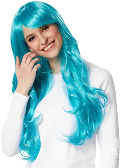 dressforfun - Pruik lang haar lokken turkoois - verkleedkleding kostuum halloween verkleden feestkleding carnavalskleding carnaval feestkledij partykleding - 303629