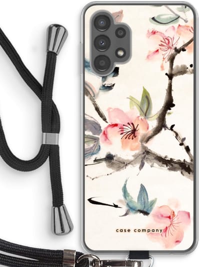 Case Company® - Hoesje met koord geschikt voor Samsung Galaxy A13 4G hoesje met Koord - Japanse bloemen - Telefoonhoesje met Zwart Koord - Bescherming aan alle Kanten en Over de Schermrand