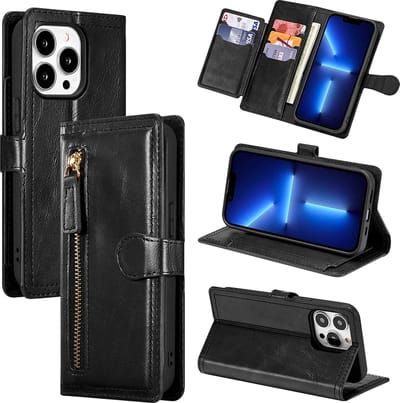 Premium vintage portemonnee hoesje met ritssluiting flip-cover hoes met kaarthoudersleuven - Geschikt voor: iPhone 13 -  zwart