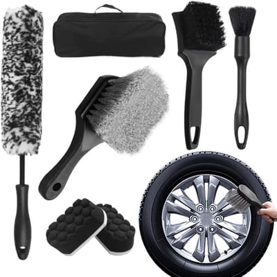 Wielborstel Set - Bandreiniger Borstels - Auto Onderhoud - Krasvrije Reiniging - 7 Delig - Grijs