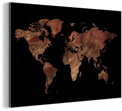 Aluminium schilderij 120x80 cm - Wanddecoratie metaal - Wereldkaart - Rood - Goud - Metalen muurdecoratie woonkamer - Decoratie industrieel - Foto op dibond - Industriële accessoires slaapkamer