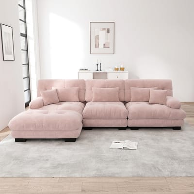 BLACKCOLORS Luxe modulaire hoekbank - Oversized Cloud-bank in L-vorm voor woonkamer, diepe slaapbank met poef, corduroy, roze chenille