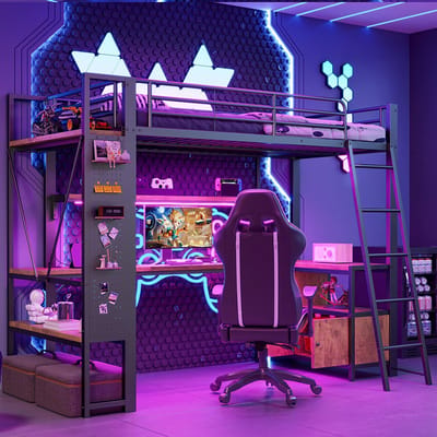 Komhtom Hoogslaper, 90 x 200 cm, stalen frame, met LED-lichtstrip, bureau, opbergruimte, meerdere planken, geperforeerd paneel, USB-poort, zonder matras, zwart
