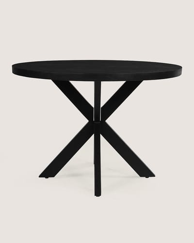 Ronde Eettafel 140 cm Mangohout – Zwart – Zwart Metalen Matrix Onderstel – Industrieel – 5-6 Personen