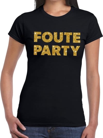 Foute Party - gouden glitter tekst - t-shirt - zwart - dames - verkleedkleding XS