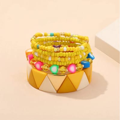Armband - SET van 6 - Armband Dames - Polsbandjes - Armbanden - Geel - Armbanden Set - Kralen Armband Dames - Vrolijke Armbanden - Mode Accessoires - Sieraden Dames - Geel Goudkleurig Wit