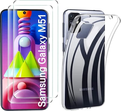 HB Hoesje en Glas Geschikt voor Samsung Galaxy M51 - Transparant - Siliconen Back Cover + 2x Glazen Screenprotector