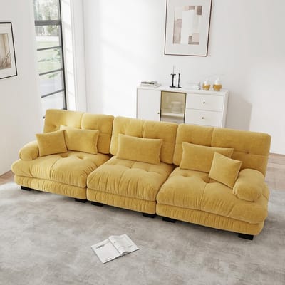 Komhtom Modulaire hoekbank met 3 zitplaatsen en diepe zitting, comfortabele en goed gevulde slaapbank van chenille voor de woonkamer, appartement, studio of kantoor, geel
