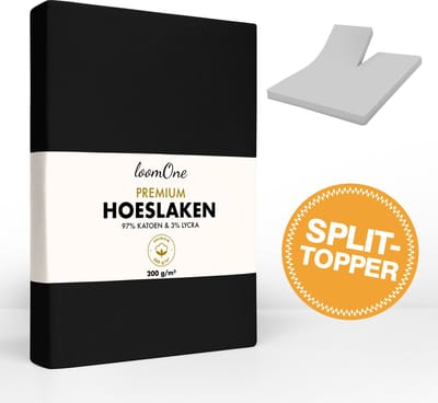 Loom One Premium Splittopper Hoeslaken – 97% Jersey Katoen / 3% Lycra – 180x200 cm – tot 12cm matrasdikte– 200 g/m² – Zwart