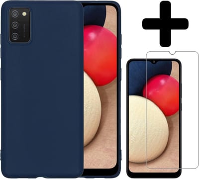 Hoesje - Met Screenprotector - Geschikt voor Samsung Galaxy A02s - Sterk & Shockproof - Back Cover - Siliconen Case - Telefoon Hoes - Telefoonhoesjes - Donkerblauw