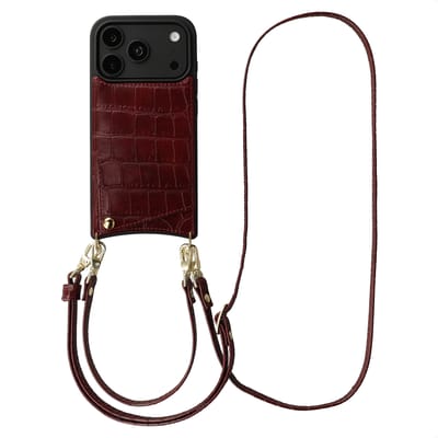 Selencia Hoesje - Geschikt voor Apple iPhone 18 Pro Max / 17 Pro Max - Croco Backcover met koord en pashouder - Burgundy