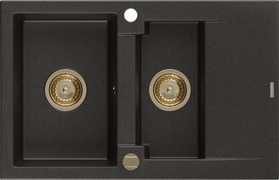 Mexen Gaspar granieten gootsteen 1,5-kamer met afdruiprek 737 x 475 , zwart/goud metallic, gouden sifon - 6507731505-75-G