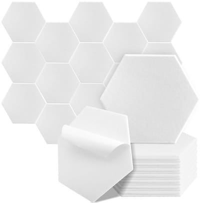 Akoestische Geluidsabsorber Panelen - 12 Stuks - Zelfklevend Schuim - Wit Hexagon - 30 x 26 x 0.9 cm - Wit