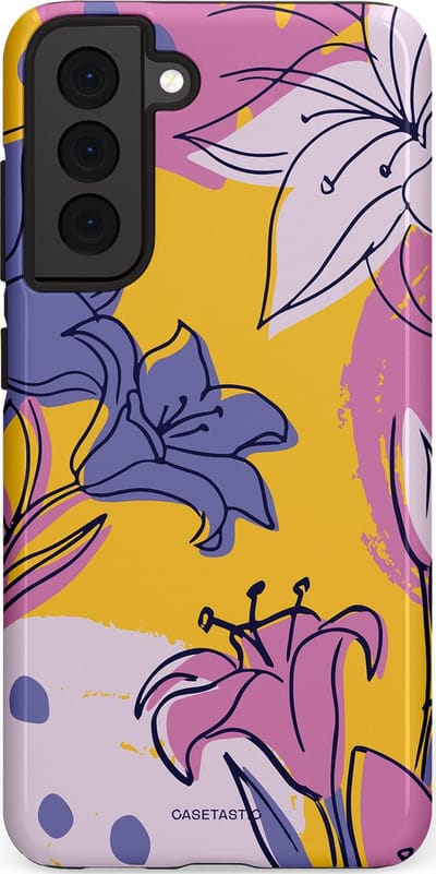 Casetastic Hoesje Geschikt voor Samsung S21 FE - Stijlvolle Beschermende Duo-layer Case - Paarse Lelie Kunst