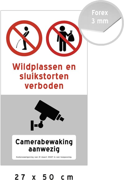 Pictogram/ bord XL | "Wildplassen en sluikstorten verboden - Camerabewaking aanwezig!" | 27 x 50 cm | Urineren | Overlast | Huisvuil | Afval | 1 stuk
