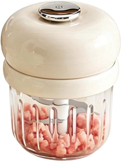 Electric Meat Grinder - Garlic Chopper - Mini Kitchen Grinder - Suitable for Vegetables, Onions, Meat, and Garlic - Ideal for Home and Camping Use - Beige
