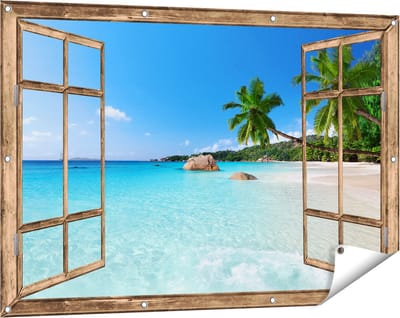 Gards Tuinposter Doorkijk Tropisch Strand en Zee - 120x80 cm - Tuindoek - Tuindecoratie - Wanddecoratie buiten - Tuinschilderij