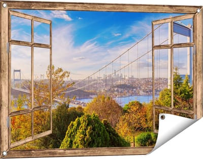 Gards Tuinposter Doorkijk Bosphorus Brug in Instanbul - 90x60 cm - Tuindoek - Tuindecoratie - Wanddecoratie buiten - Tuinschilderij
