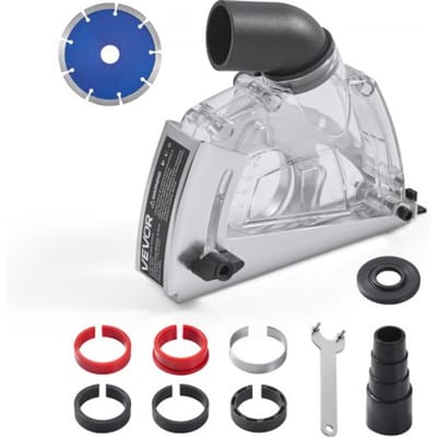 VEVOR Haakse Slijpmachine Afzuigkap, Universeel 100-125 mm, Stofkap met 6 Klemschijven & 125 mm Diamantslijpbeker, Instelbare Snijdiepte, Aansluiting voor Stofzuiger, Transparant