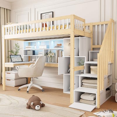 Pugsdrly Hoogslaper, 90 x 200 cm, met ledverlichting, opbergladder, planken, opbergvakken, bureau, zonder matras, wit + naturel