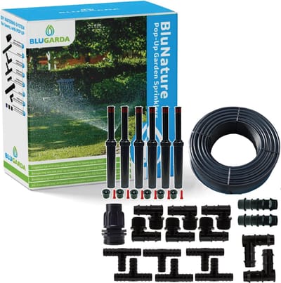 BluNature - Pop-Up Garden Sprinklers - Pop Up Sproeier Beregening Irrigatiesysteem Tuin Set - 6 pop-up sproeiers - 30 meter Tyleenslang - Gazon tot 70m2