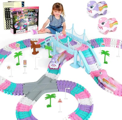 Flexibele Racebaan Set - Doe-het-zelf Rails - Uren Speelplezier - Glow-in-the-dark Spoor - 268 Onderdelen - Eenhoorn Thema