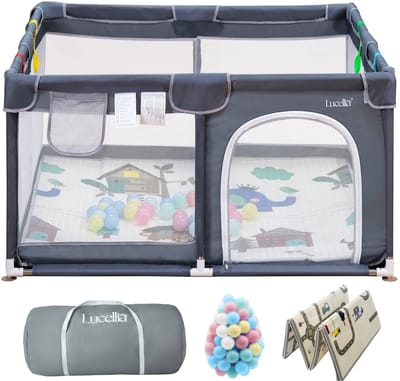 Lucellia® Grondbox Baby - Speelbox & Kruipbox - Inclusief Speelmat & 30 Ballen - Draagtas - Donkergrijs - 120x120x66 cm